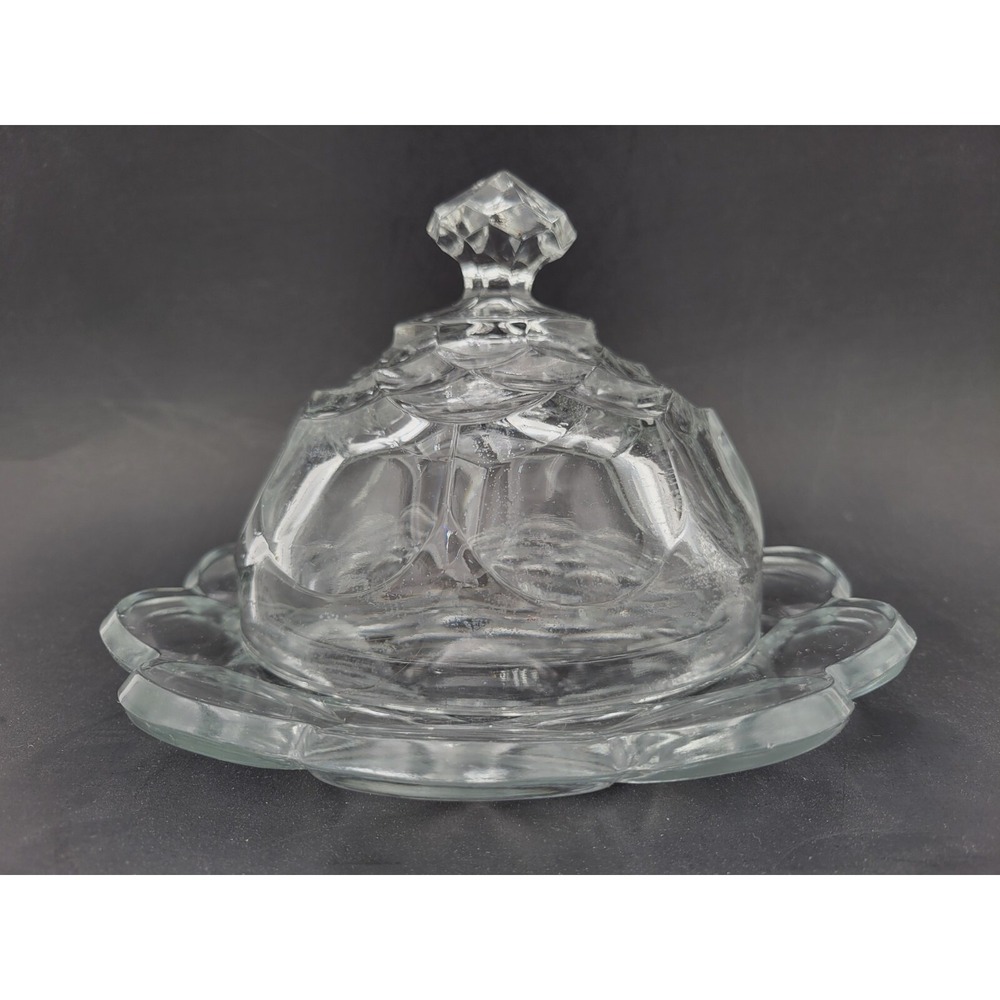 Vintage Large Clear Glass Round Butter Dish Domed Lid Scalloped Bottom